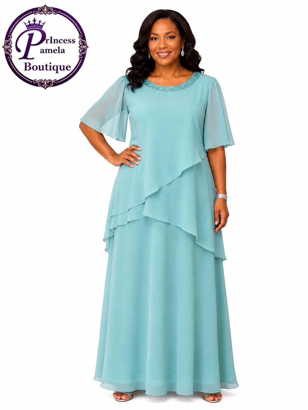 #279-10 Dusty green sequin scoop neckline chiffon tiered dress-1X/Size 16
